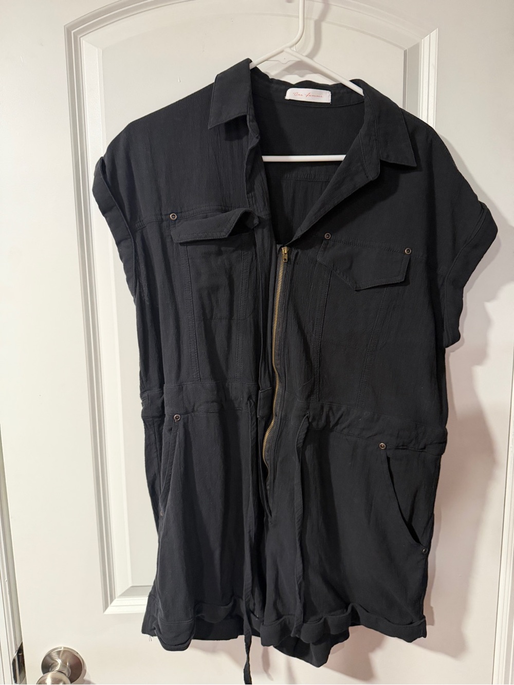 Ces Femme | Black Short Sleeve Utility Romper with Front Zip